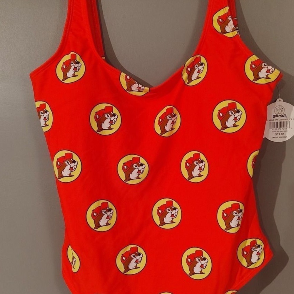 Buc-ee's Womens Red All Over Logo Print One Piece Swimsuit Size Medium NWT